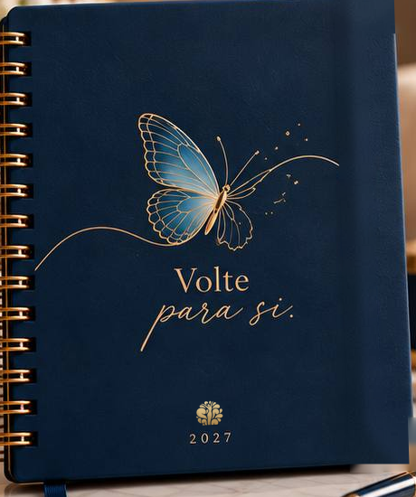 Planner 2027 capa azul, com borboleta dourada e a frase Volte para si